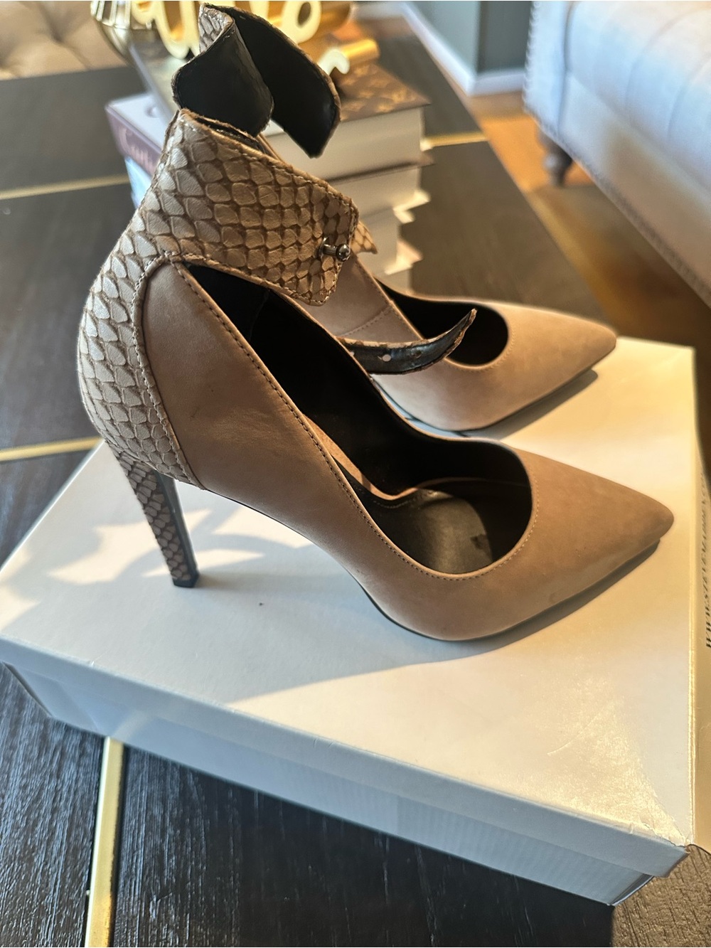 Steve Madden Taupe Pointed-Toe Ankle-Strap Heels with Snake-Embossed Trim